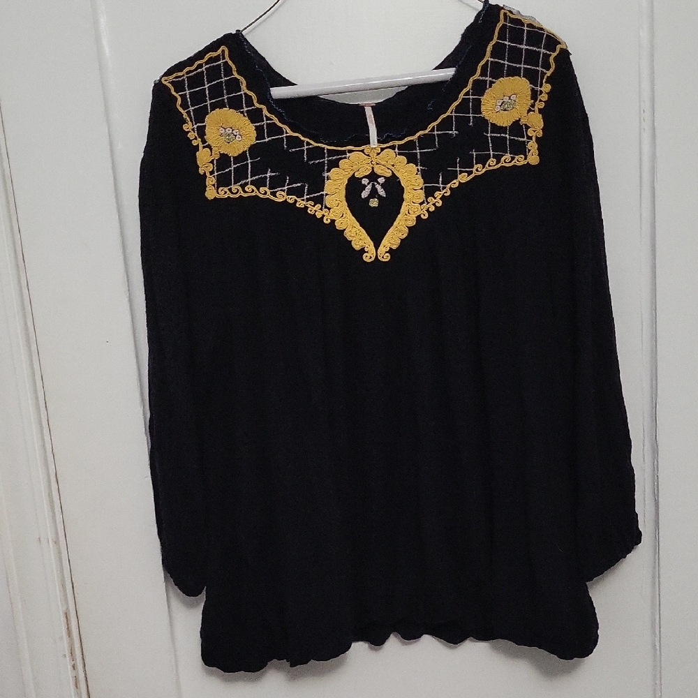 Free People Black Blouse with Gold Embroidery